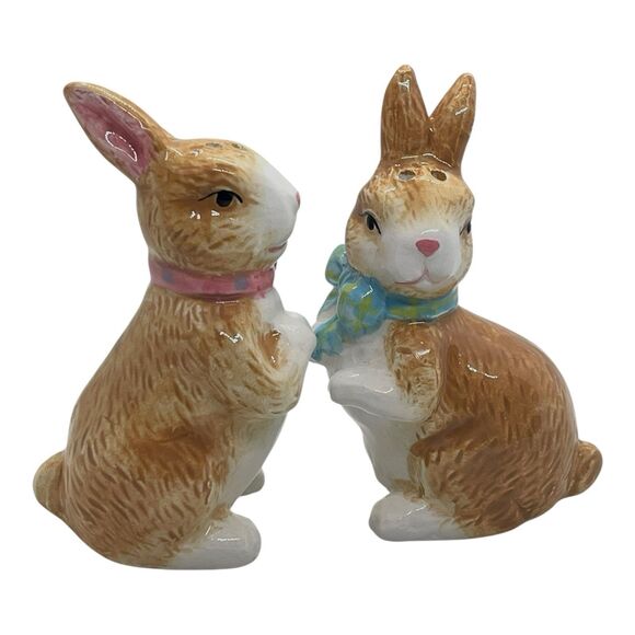 Vintage Brown Bunnies with Pink & Blue Bow around Neck Salt and Pepper Shakers - Picture 2 of 16